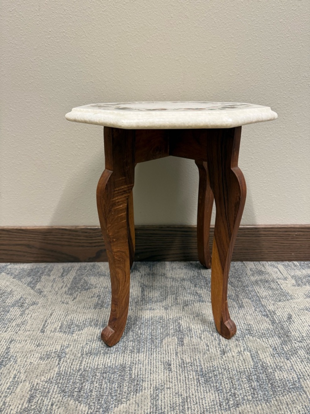 Antique Octagonal Marble Inlay Wooden Accent Table, 31x31x40in, Carvings